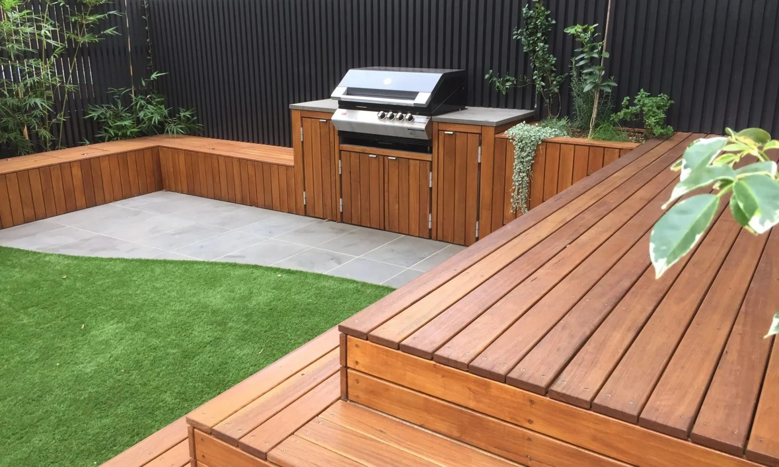 Built-in barbecue and timber deck entertaining area